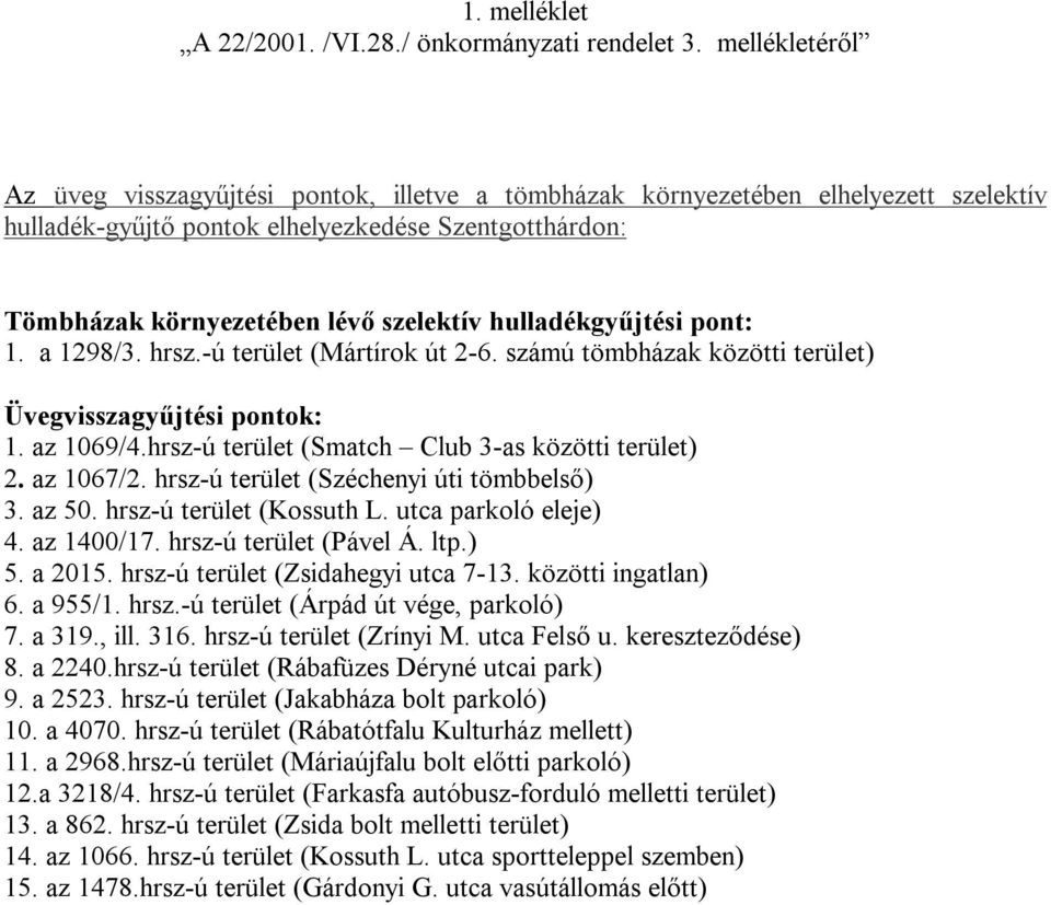 hulladékgyűjtési pont: 1. a 1298/3. hrsz.-ú terület (Mártírok út 2-6. számú tömbházak közötti terület) Üvegvisszagyűjtési pontok: 1. az 1069/4.hrsz-ú terület (Smatch Club 3-as közötti terület) 2.