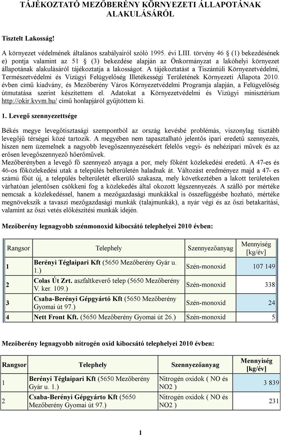 A tájékoztatást a Tiszántúli Környezetvédelmi, Természetvédelmi és Vízügyi Felügyelőség Illetékességi Területének Környezeti Állapota 00.