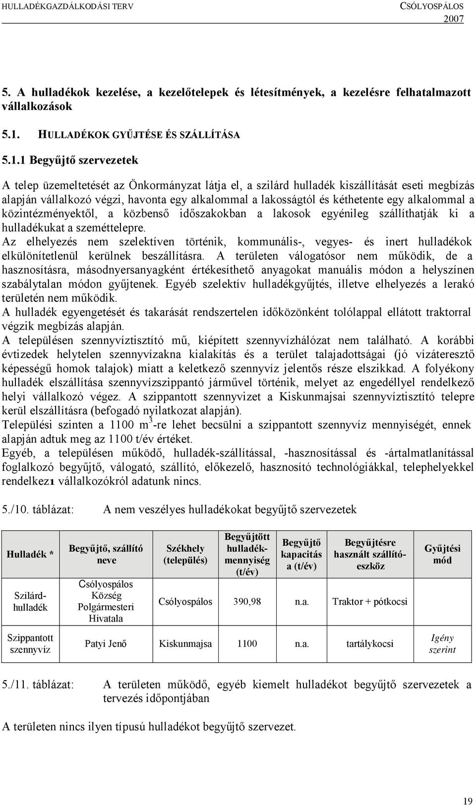 1 Begyűjtő szervezetek A telep üzemeltetését az Önkormányzat látja el, a szilárd hulladék kiszállítását eseti megbízás alapján vállalkozó végzi, havonta egy alkalommal a lakosságtól és kéthetente egy