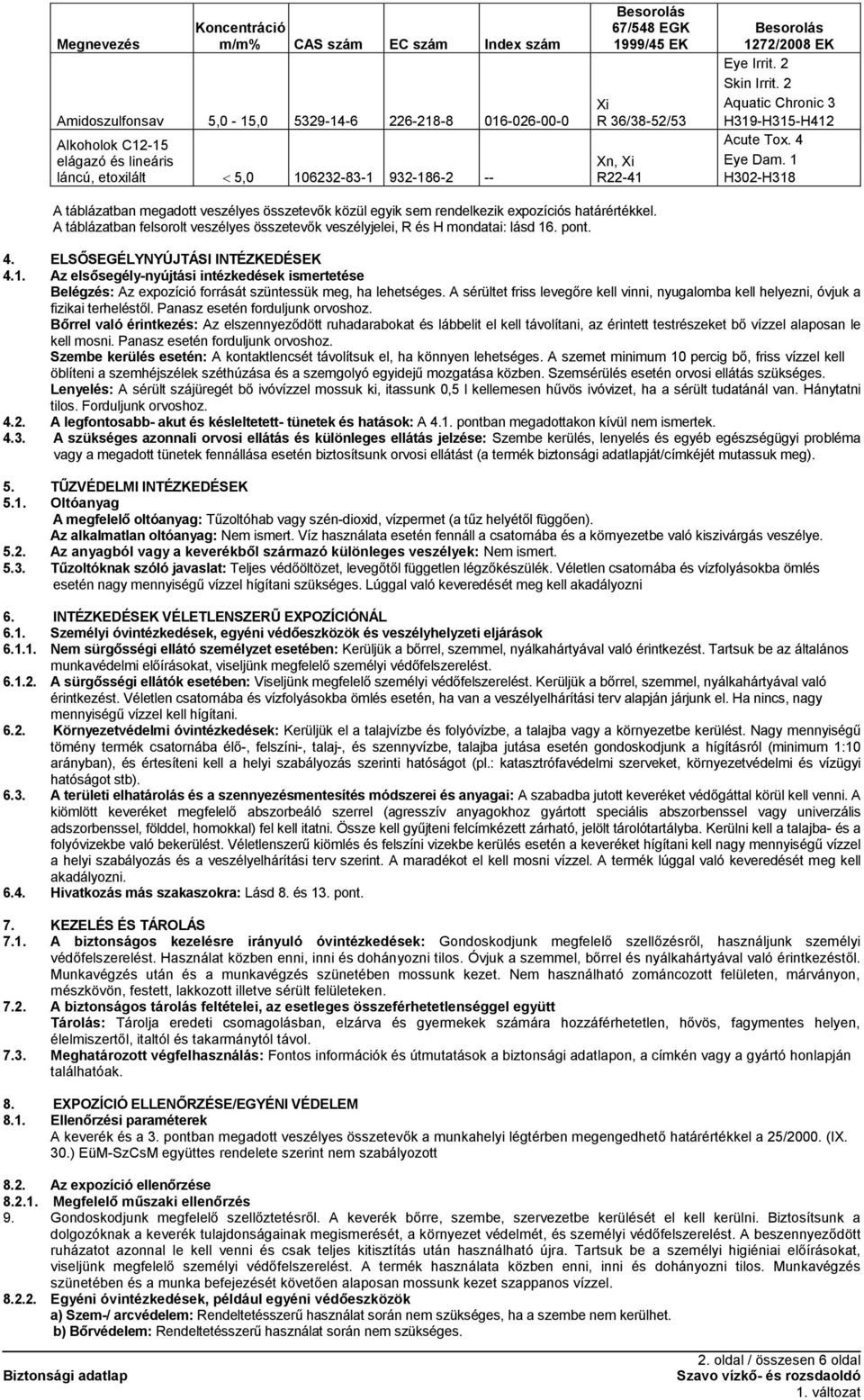 1 H302-H318 A táblázatban megadott veszélyes összetevők közül egyik sem rendelkezik expozíciós határértékkel. A táblázatban felsorolt veszélyes összetevők veszélyjelei, R és H mondatai: lásd 16. pont.