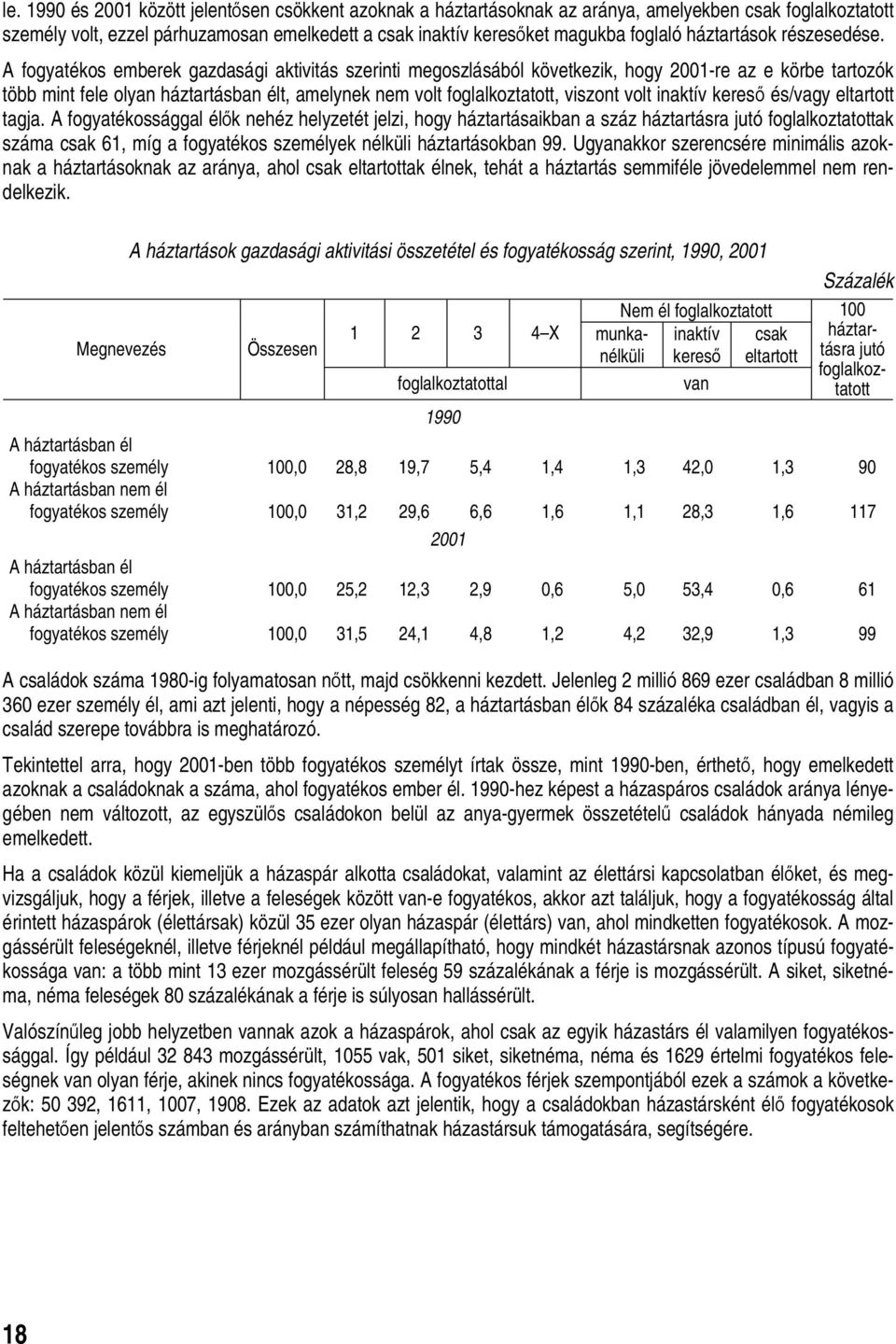 A fogyatékos emberek gazdasági aktivitás szerinti megoszlásából következik, hogy 2001-re az e körbe tartozók több mint fele olyan háztartásban élt, amelynek nem volt foglalkoztatott, viszont volt