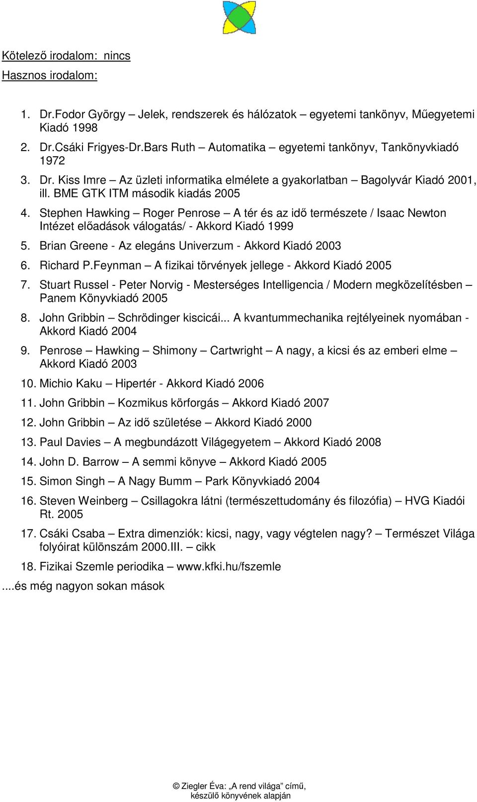 Stephen Hawking Roger Penrose A tér és az idı természete / Isaac Newton Intézet elıadások válogatás/ - Akkord Kiadó 1999 5. Brian Greene - Az elegáns Univerzum - Akkord Kiadó 2003 6. Richard P.