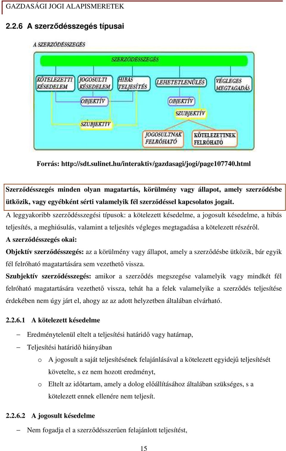 A leggyakoribb szerzıdésszegési típusok: a kötelezett késedelme, a jogosult késedelme, a hibás teljesítés, a meghiúsulás, valamint a teljesítés végleges megtagadása a kötelezett részérıl.