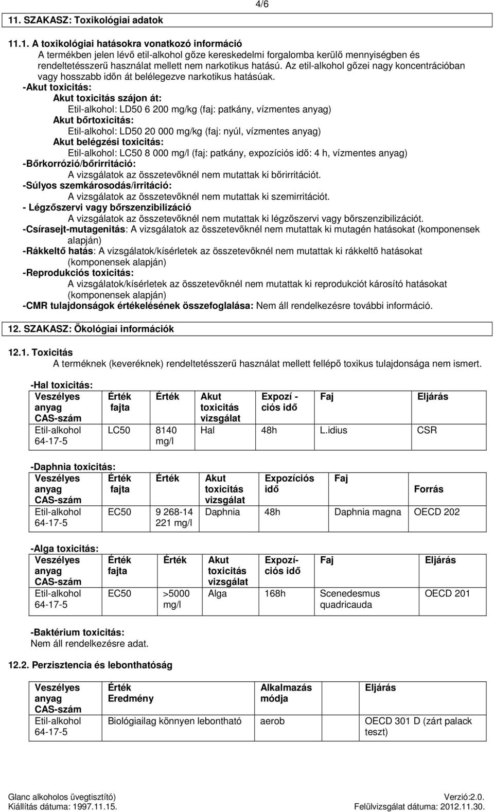 -Akut toxicitás: Akut toxicitás szájon át: : LD50 6 200 mg/kg (faj: patkány, vízmentes ) Akut bőrtoxicitás: : LD50 20 000 mg/kg (faj: nyúl, vízmentes ) Akut belégzési toxicitás: : LC50 8 000 mg/l