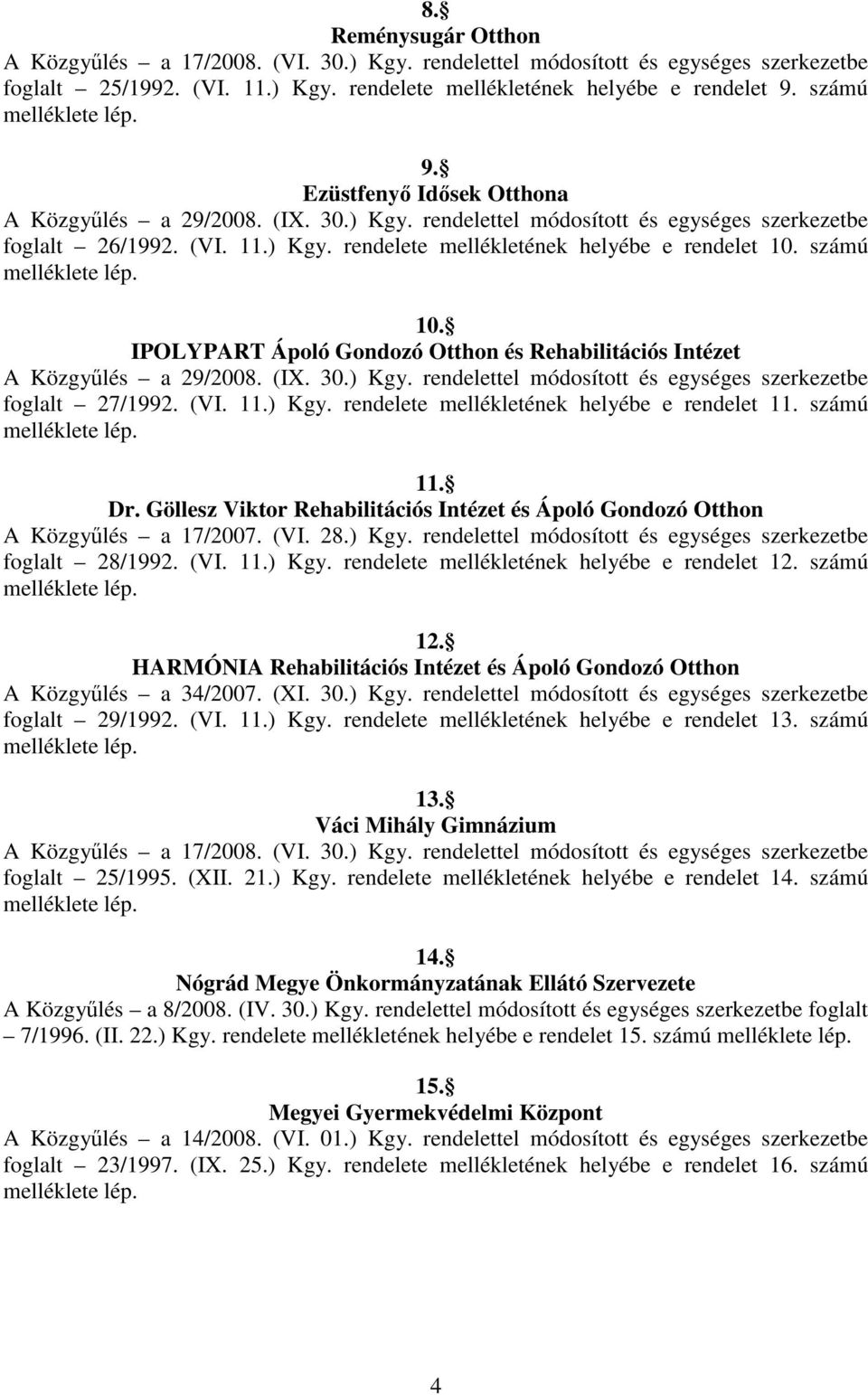 számú melléklete lép. 10. IPOLYPART Ápoló Gondozó Otthon és Rehabilitációs Intézet A Közgyőlés a 29/2008. (IX. 30.) Kgy. rendelettel módosított és egységes szerkezetbe foglalt 27/1992. (VI. 11.) Kgy. rendelete mellékletének helyébe e rendelet 11.