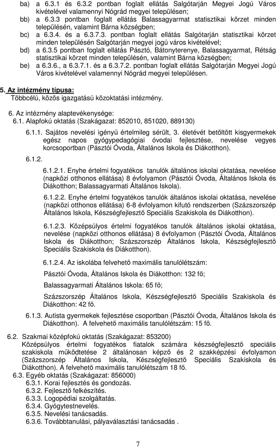 3.6., a 6.3.7.1. és a 6.3.7.2. pontban foglalt ellátás Salgótarján Megyei Jogú Város kivételével valamennyi Nógrád megyei településen. 5.