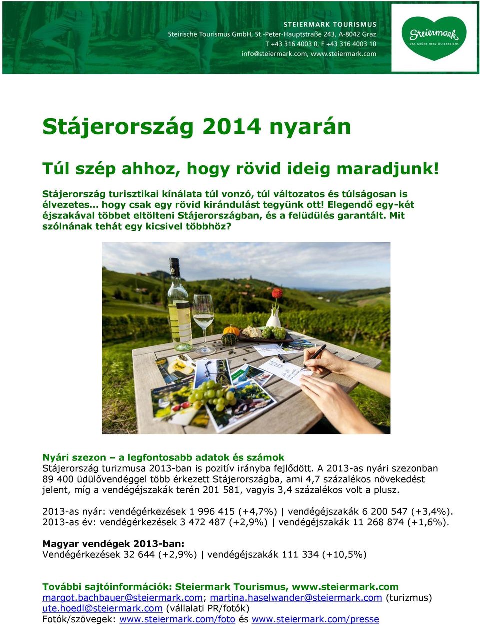 Nyári szezon a legfontosabb adatok és számok Stájerország turizmusa 2013-ban is pozitív irányba fejlődött.