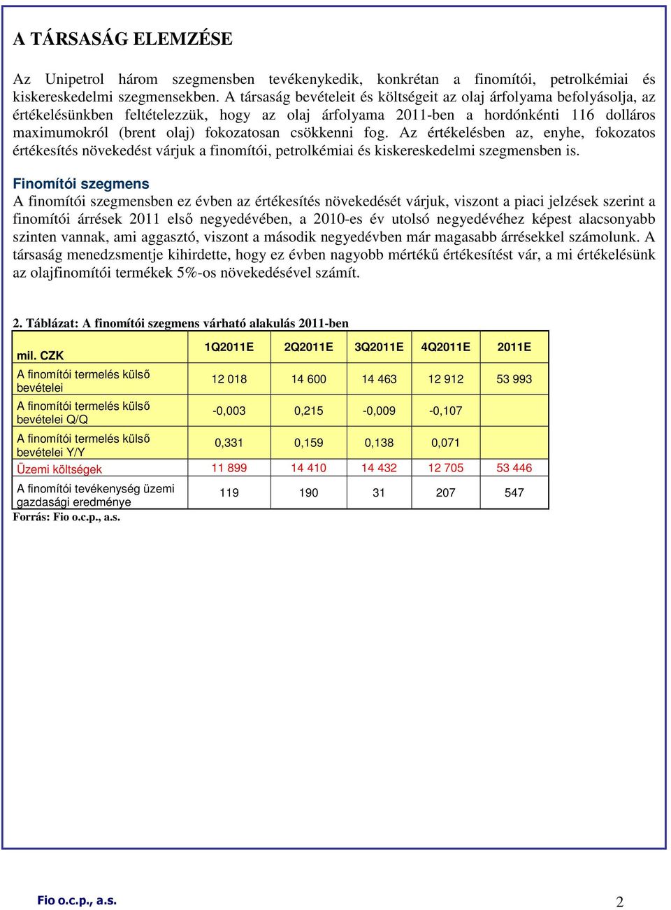 csökkenni fog. Az értékelésben az, enyhe, fokozatos értékesítés növekedést várjuk a finomítói, petrolkémiai és kiskereskedelmi szegmensben is.