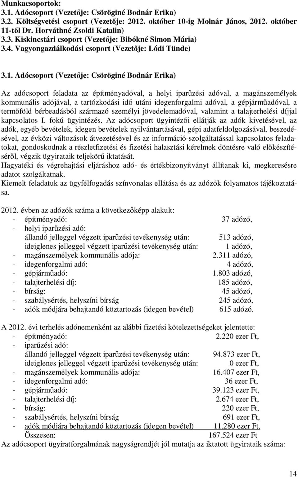 Adócsoport (Vezetője: Csöröginé Bodnár Erika) Az adócsoport feladata az építményadóval, a helyi iparűzési adóval, a magánszemélyek kommunális adójával, a tartózkodási idő utáni idegenforgalmi adóval,