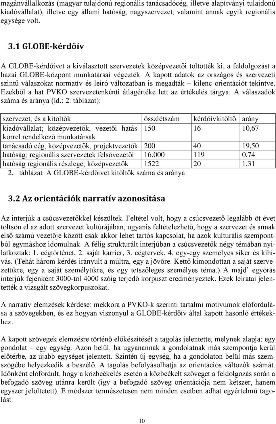 A kapott adatok az országos és szervezeti szintű válaszokat normatív és leíró változatban is megadták kilenc orientációt tekintve.