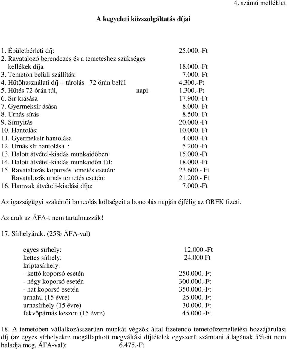 Hantolás: 10.000.-Ft 11. Gyermeksír hantolása 4.000.-Ft 12. Urnás sír hantolása : 5.200.-Ft 13. Halott átvétel-kiadás munkaidőben: 15.000.-Ft 14. Halott átvétel-kiadás munkaidőn túl: 18.000.-Ft 15.