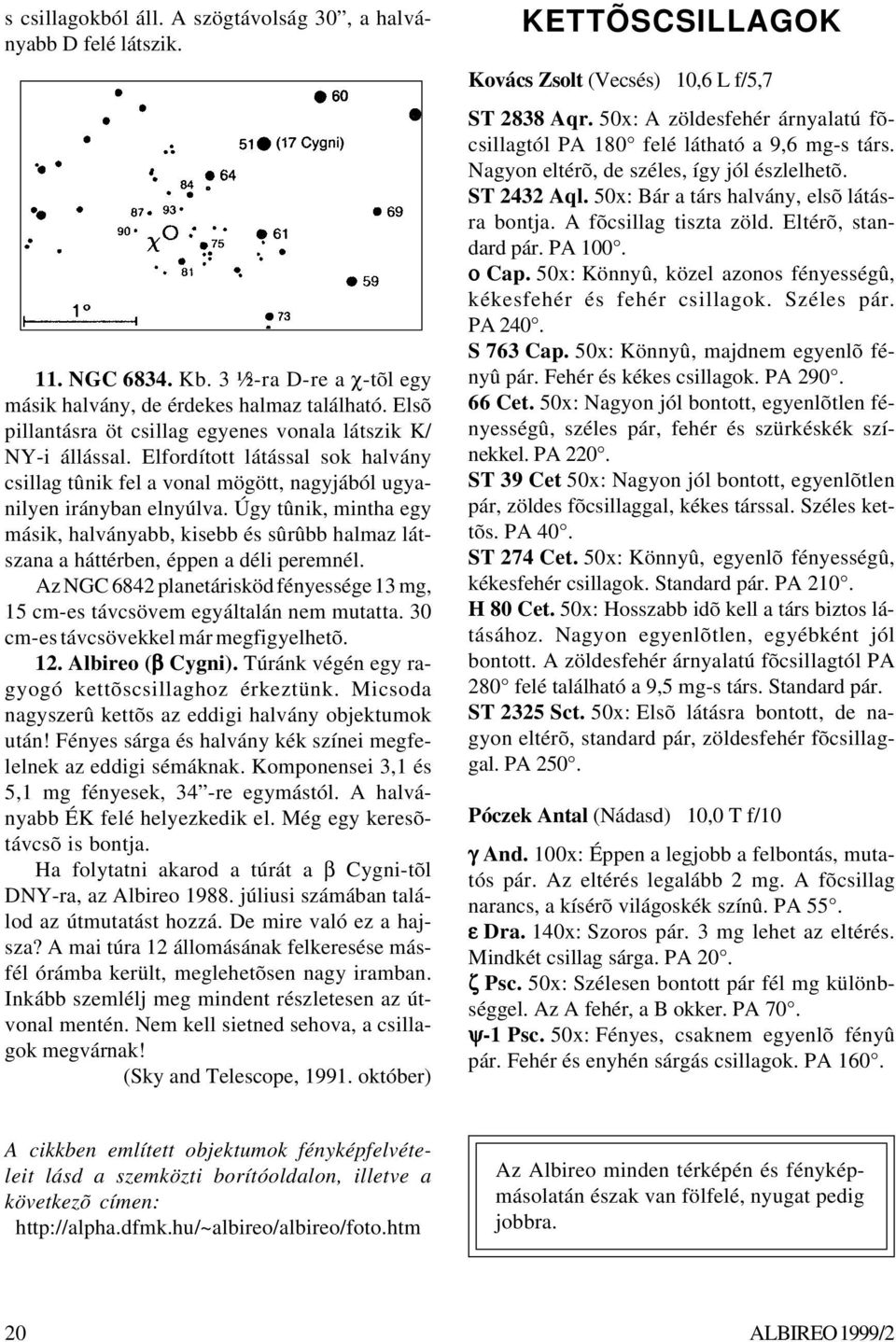 Úgy tûnik, mintha egy másik, halványabb, kisebb és sûrûbb halmaz látszana a háttérben, éppen a déli peremnél. Az NGC 6842 planetárisköd fényessége 13 mg, 15 cm-es távcsövem egyáltalán nem mutatta.