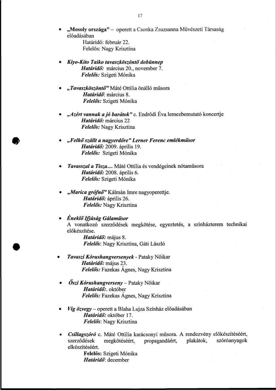 Endrődi Éva lemezbemutató koncertje Határidő: március 22 Felelős: Nagy Krisztina Felhőszállt a nagyerdőre" Lerner Ferenc emlékműsor Határidő: 2009. április 19.