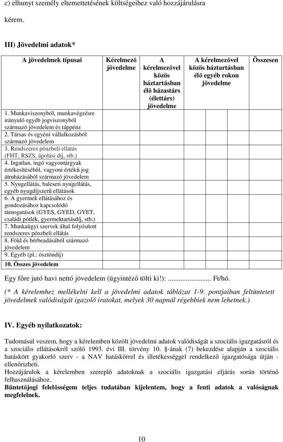 Rendszeres pénzbeli ellátás (FHT, RSZS, ápolási díj, stb.) 4. Ingatlan, ingó vagyontárgyak értékesítésébıl, vagyoni értékő jog átruházásából származó jövedelem 5.