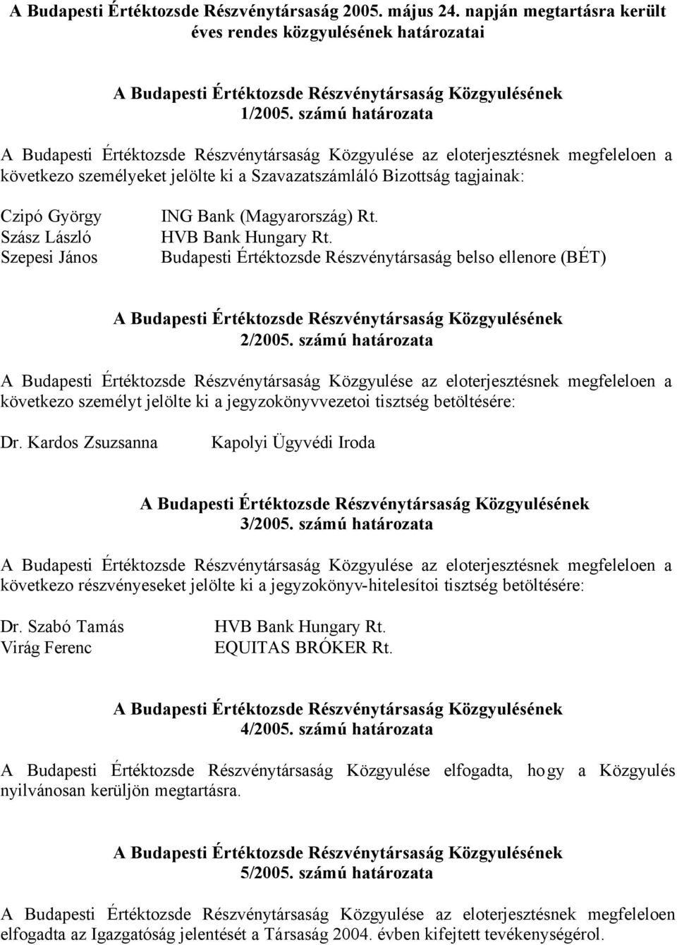 László Szepesi János ING Bank (Magyarország) Rt. HVB Bank Hungary Rt. Budapesti Értéktozsde Részvénytársaság belso ellenore (BÉT) 2/2005.