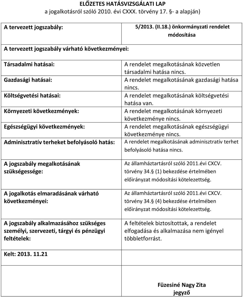 következmények: Adminisztratív terheket befolyásoló hatás: A jogszabály megalkotásának szükségessége: A jogalkotás elmaradásának várható következményei: A jogszabály alkalmazásához szükséges