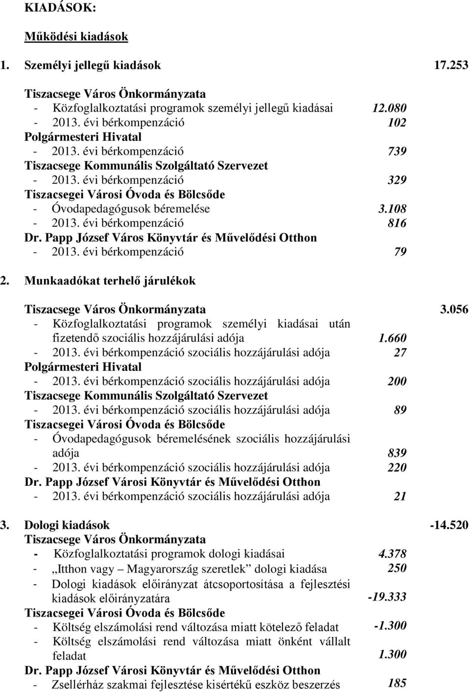 évi bérkompenzáció Tiszacsegei Városi Óvoda és Bölcsőde - Óvodapedagógusok béremelése - 2013. évi bérkompenzáció Dr. Papp József Város Könyvtár és Művelődési Otthon - 2013. évi bérkompenzáció 12.