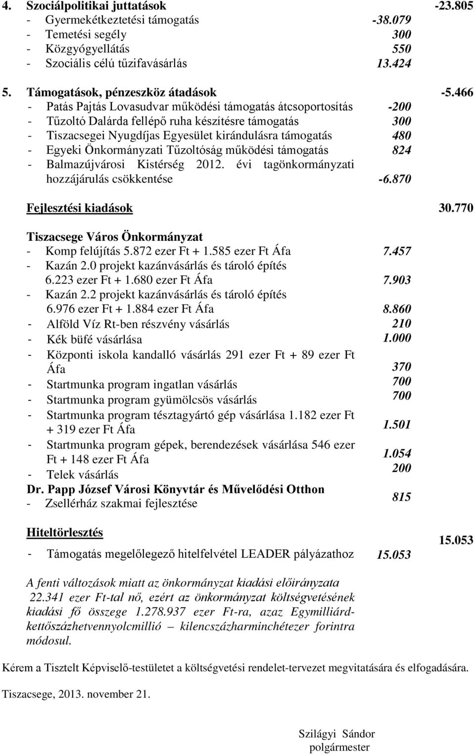 támogatás - Egyeki Önkormányzati Tűzoltóság működési támogatás - Balmazújvárosi Kistérség 2012. évi tagönkormányzati hozzájárulás csökkentése -200 300 480 824-6.870-5.466 Fejlesztési kiadások 30.