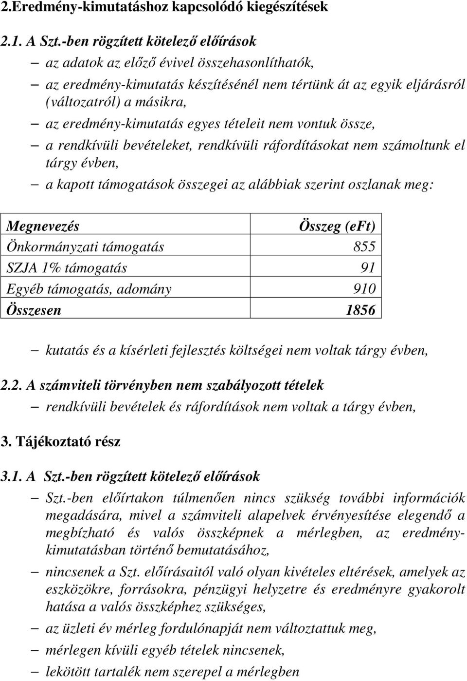 egyes tételeit nem vontuk össze, a rendkívüli bevételeket, rendkívüli ráfordításokat nem számoltunk el tárgy évben, a kapott támogatások összegei az alábbiak szerint oszlanak meg: Megnevezés Összeg