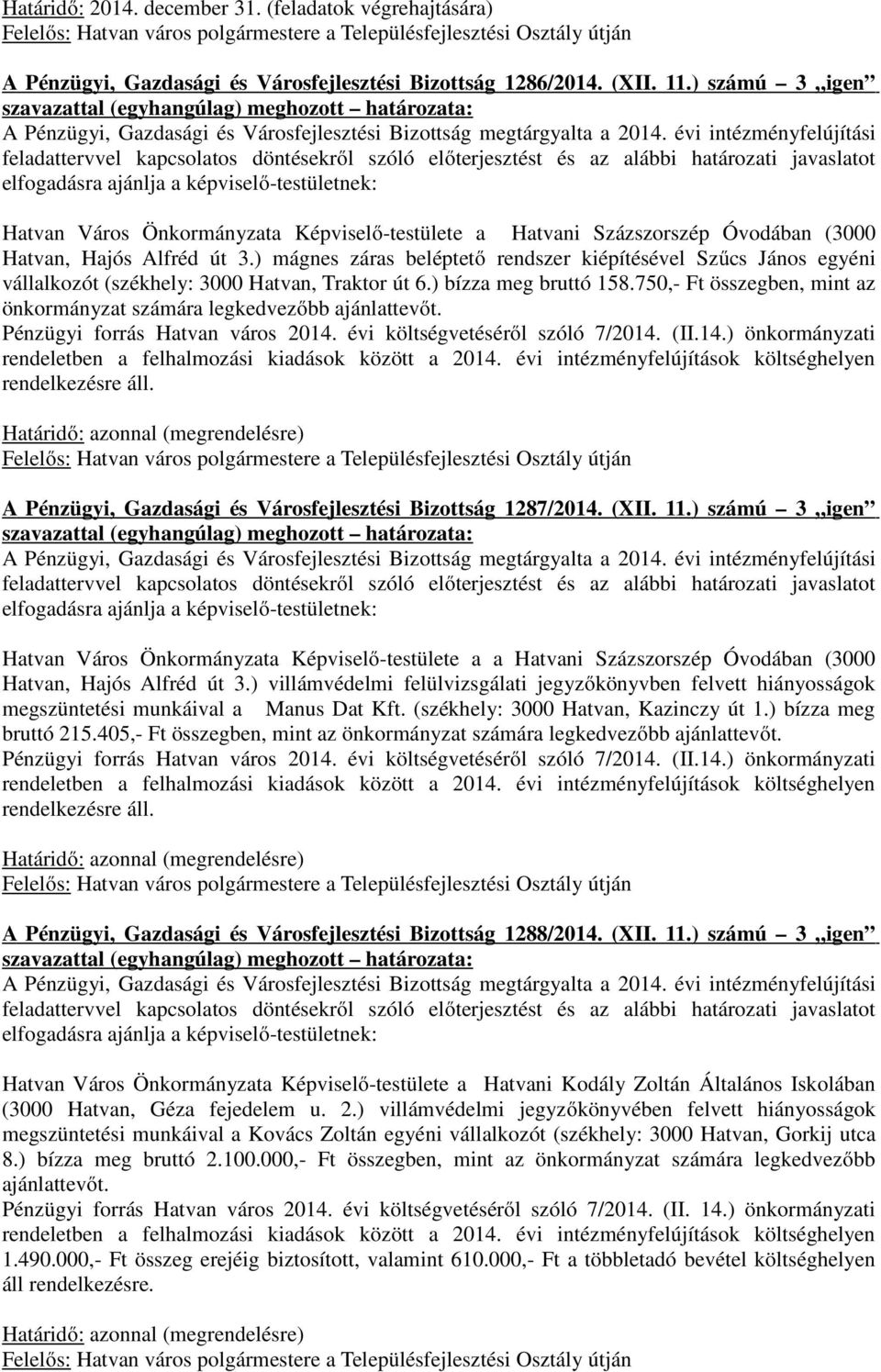 évi intézményfelújítási feladattervvel kapcsolatos döntésekről szóló előterjesztést és az alábbi határozati javaslatot elfogadásra ajánlja a képviselő-testületnek: Hatvan Város Önkormányzata