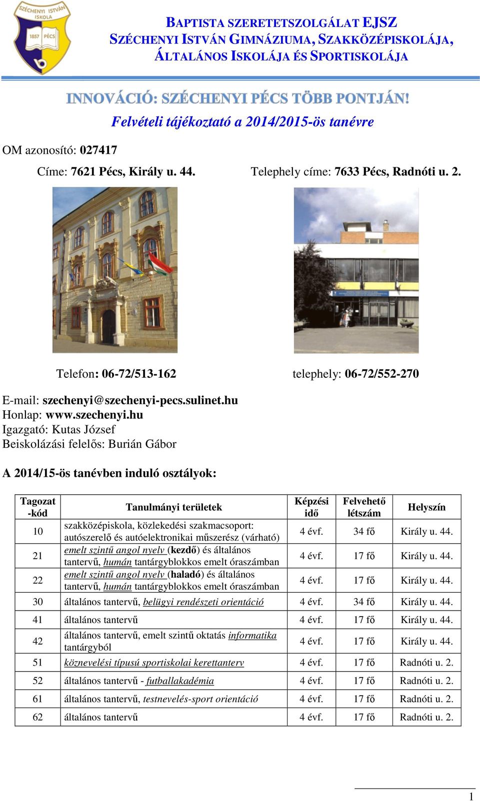 hu Igazgató: Kutas József Beiskolázási felelős: Burián Gábor A 2014/15-ös tanévben induló osztályok: Tagozat -kód 10 21 22 Tanulmányi területek szakközépiskola, közlekedési szakmacsoport: autószerelő