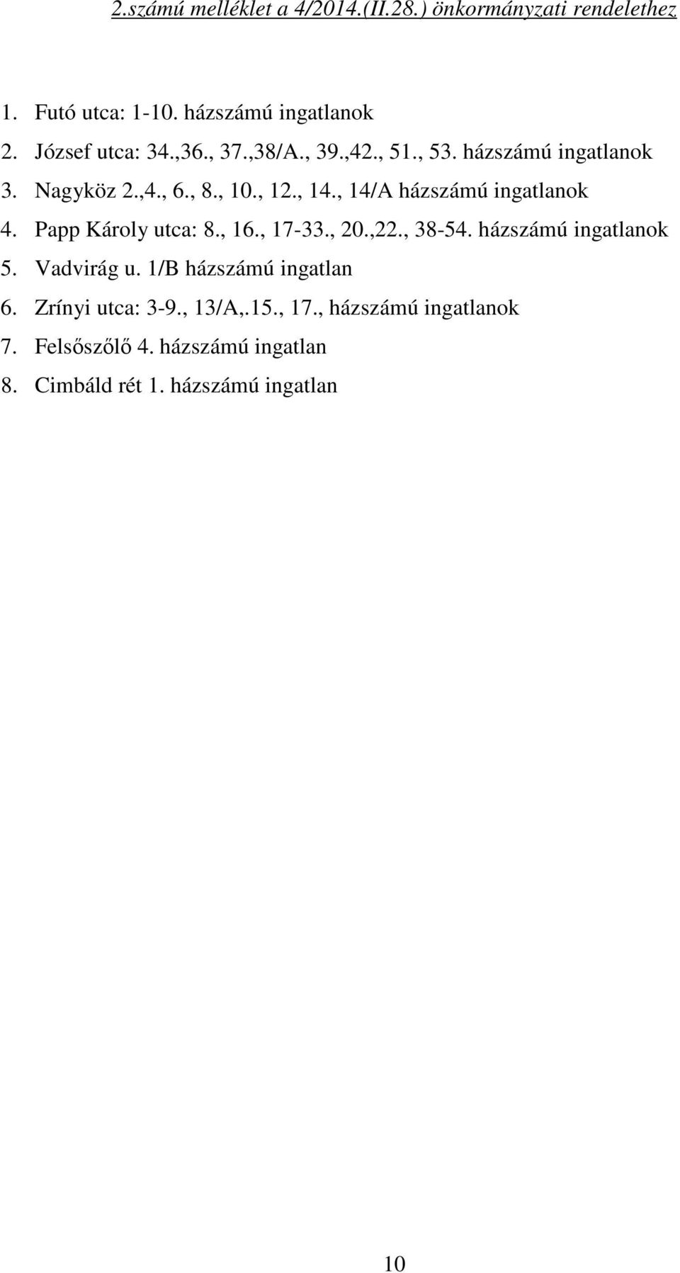 , 14/A házszámú ingatlanok 4. Papp Károly utca: 8., 16., 17-33., 20.,22., 38-54. házszámú ingatlanok 5. Vadvirág u.