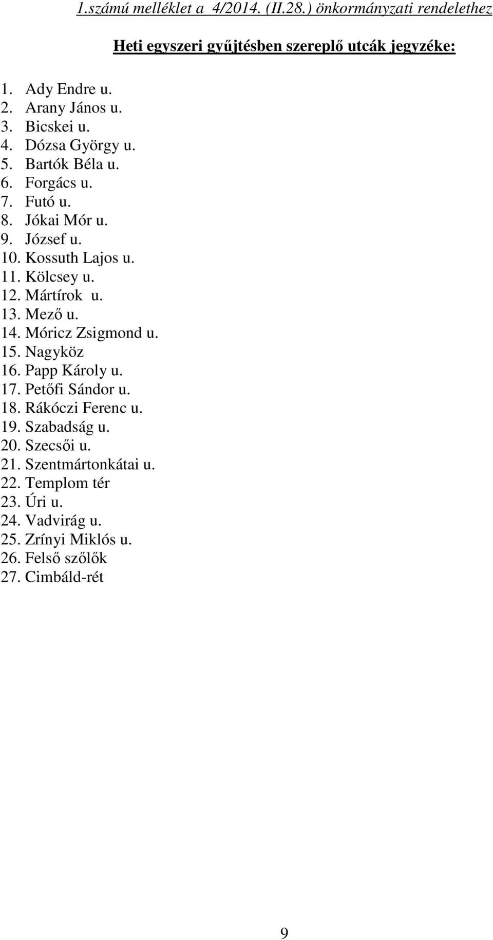 Móricz Zsigmond u. 15. Nagyköz 16. Papp Károly u. 17. Petőfi Sándor u. 18. Rákóczi Ferenc u. 19. Szabadság u. 20. Szecsői u. 21.