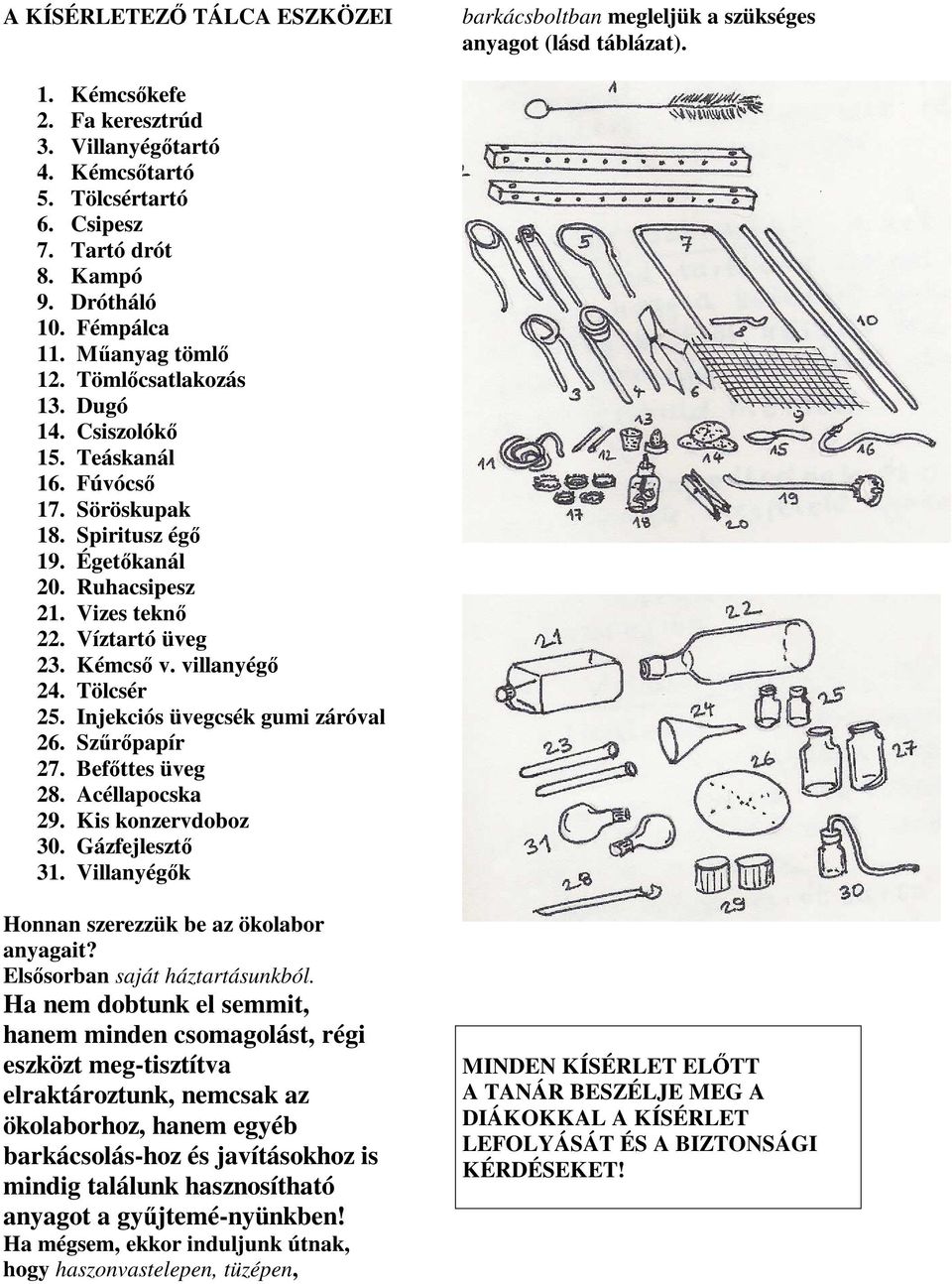 Víztartó üveg 23. Kémcs v. villanyég 24. Tölcsér 25. Injekciós üvegcsék gumi záróval 26. Sz r papír 27. Bef ttes üveg 28. Acéllapocska 29. Kis konzervdoboz 30. Gázfejleszt 31.