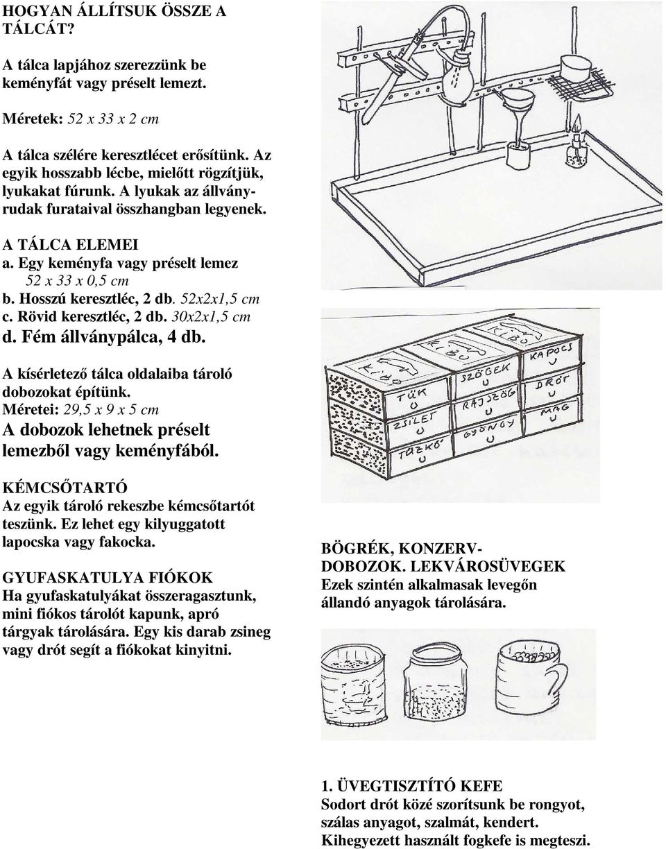 Hosszú keresztléc, 2 db. 52x2x1,5 cm c. Rövid keresztléc, 2 db. 30x2x1,5 cm d. Fém állványpálca, 4 db. A kísérletez tálca oldalaiba tároló dobozokat építünk.