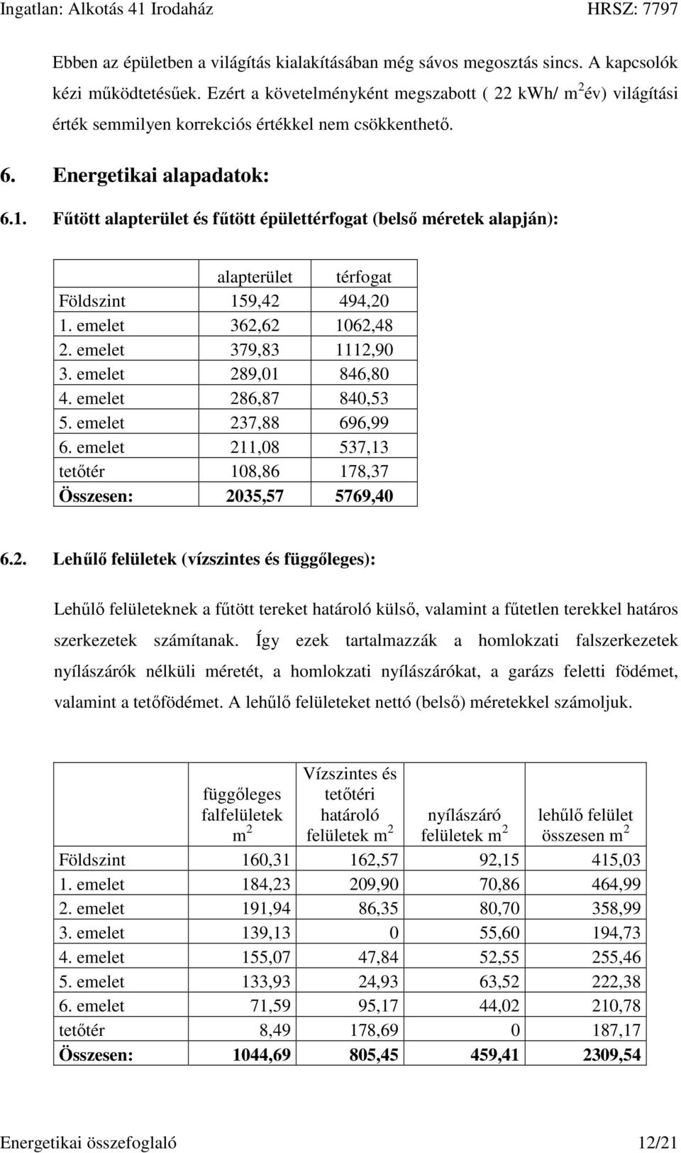 Fűtött alapterület és fűtött épülettérfogat (belső méretek alapján): alapterület térfogat Földszint 159,42 494,20 1. emelet 362,62 1062,48 2. emelet 379,83 1112,90 3. emelet 289,01 846,80 4.