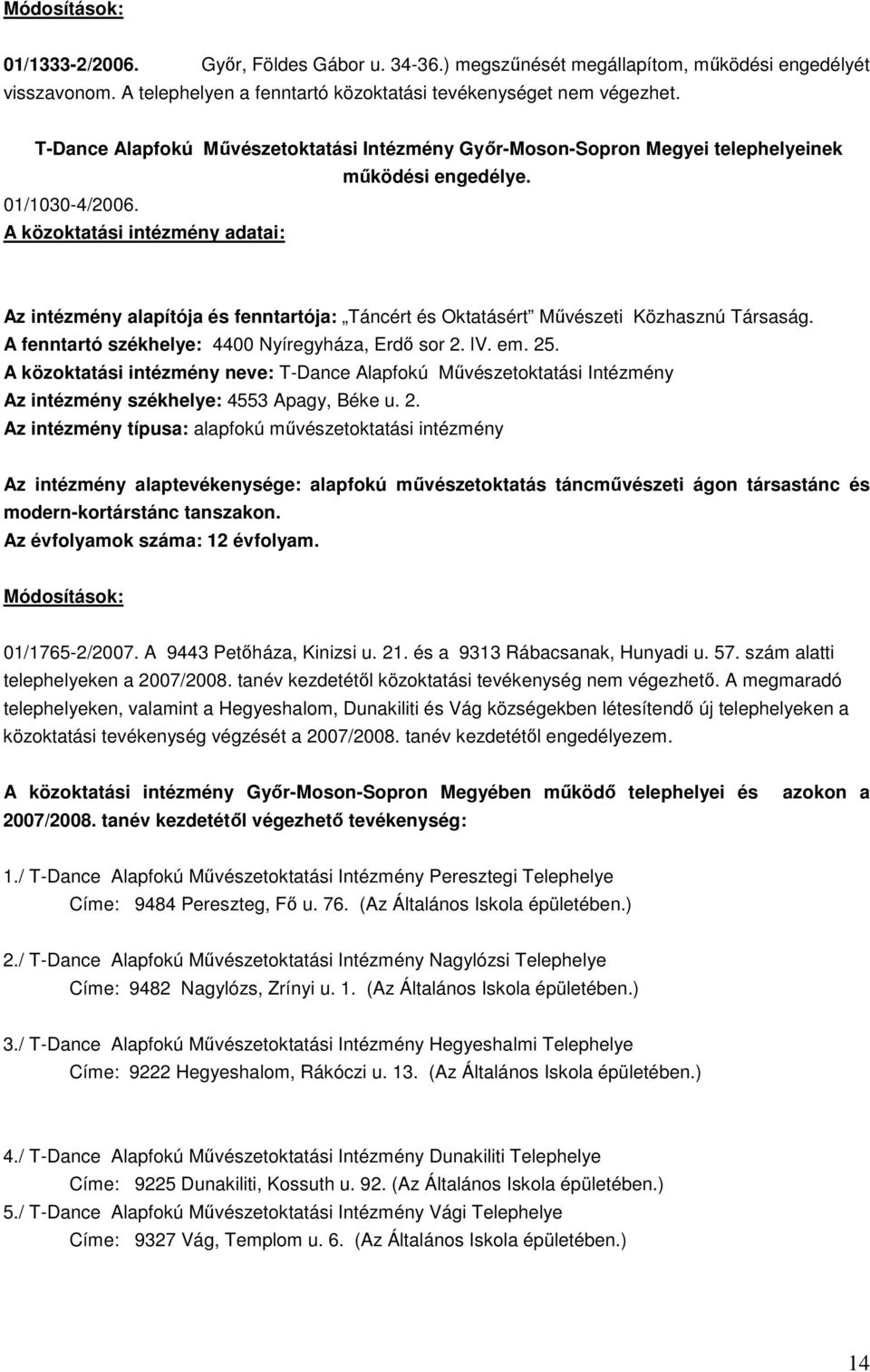 A közoktatási intézmény adatai: Az intézmény alapítója és fenntartója: Táncért és Oktatásért Művészeti Közhasznú Társaság. A fenntartó székhelye: 4400 Nyíregyháza, Erdő sor 2. lv. em. 25.