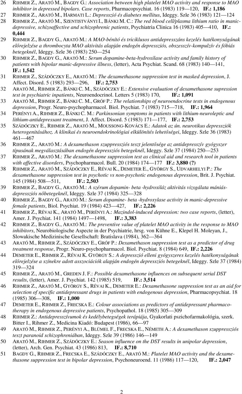 : The red blood cell/plasma lithium ratio in manicdepressive, schizoaffective and schizophrenic patients, Psychiatria Clinica 16 (1983) 405 410, IF.: 0,444 29 RIHMER Z., BAGDY G., ARATÓ M.