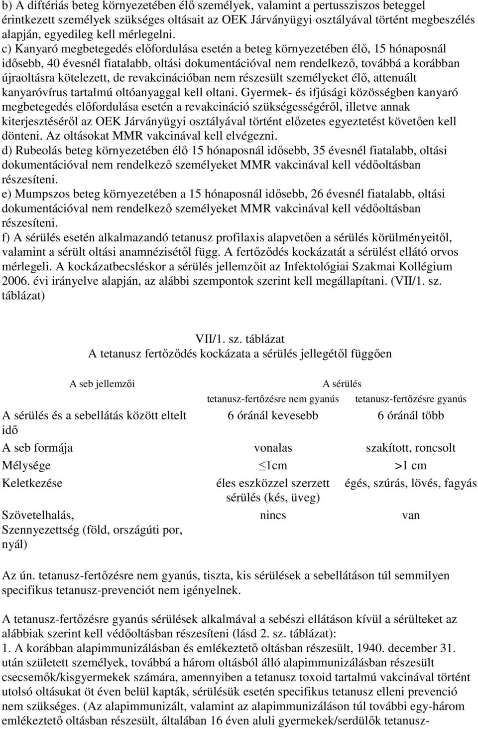 c) Kanyaró megbetegedés elıfordulása esetén a beteg környezetében élı, 15 hónaposnál idısebb, 40 évesnél fiatalabb, oltási dokumentációval nem rendelkezı, továbbá a korábban újraoltásra kötelezett,