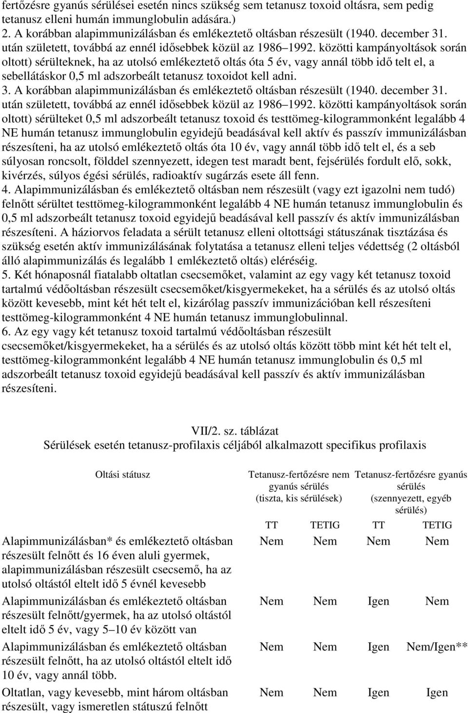 közötti kampányoltások során oltott) sérülteknek, ha az utolsó emlékeztetı oltás óta 5 év, vagy annál több idı telt el, a sebellátáskor 0,5 ml adszorbeált tetanusz toxoidot kell adni. 3.