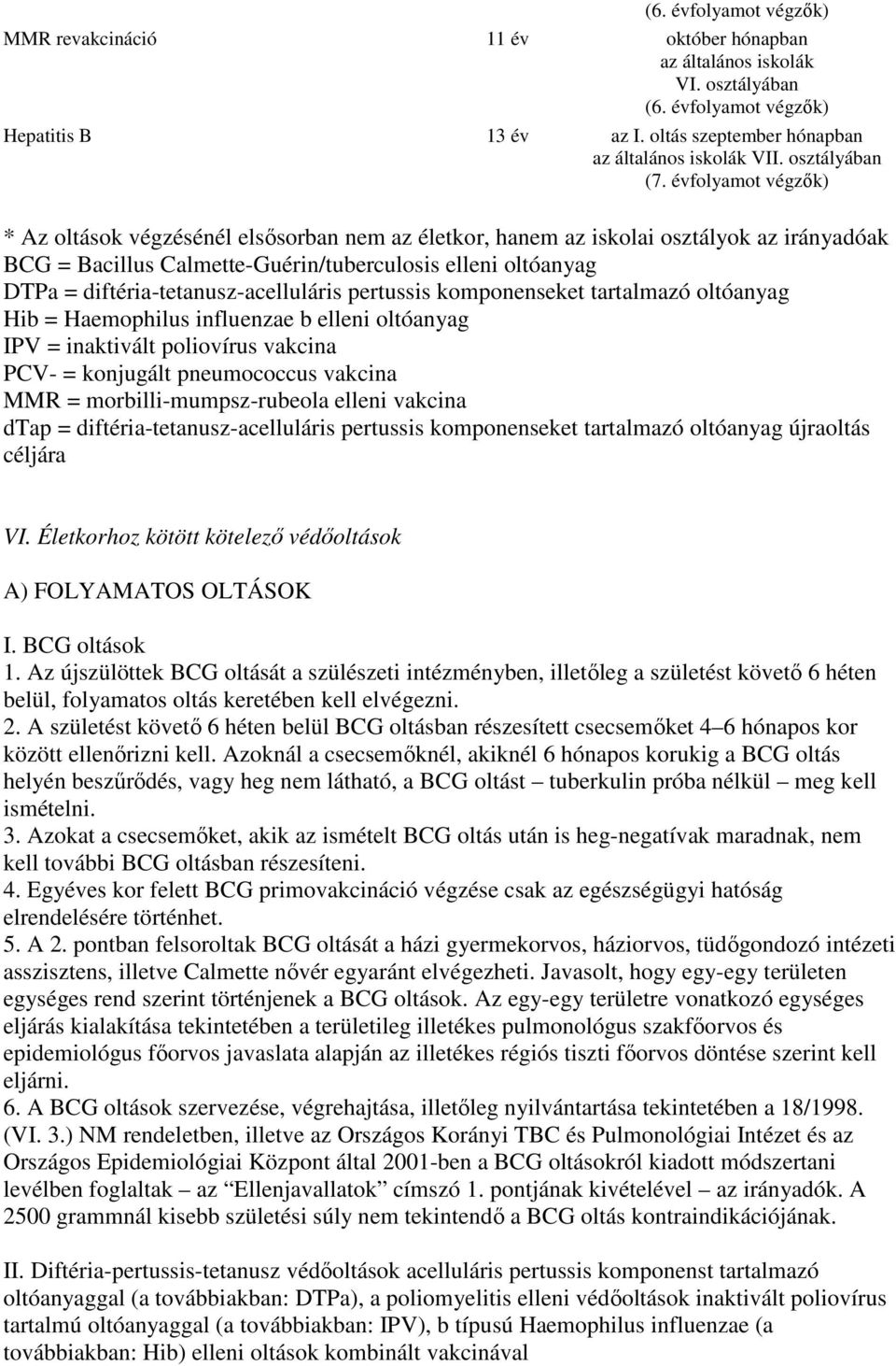 évfolyamot végzık) * Az oltások végzésénél elsısorban nem az életkor, hanem az iskolai osztályok az irányadóak BCG = Bacillus Calmette-Guérin/tuberculosis elleni oltóanyag DTPa =