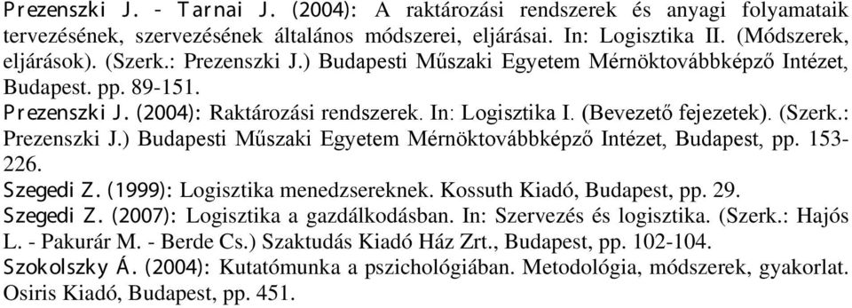 : Prezenszki J.) Budapesti Műszaki Egyetem Mérnöktovábbképző Intézet, Budapest, pp. 153-226. Szegedi Z. (1999): Logisztika menedzsereknek. Kossuth Kiadó, Budapest, pp. 29. Szegedi Z. (2007): Logisztika a gazdálkodásban.