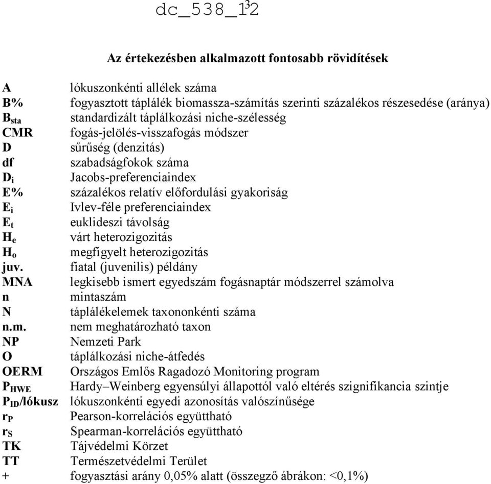 NP O OERM PHWE PID/lókusz rp rs TK TT lókuszonkénti allélek száma fogyasztott táplálék biomassza-számítás szerinti százalékos részesedése (aránya) standardizált táplálkozási niche-szélesség