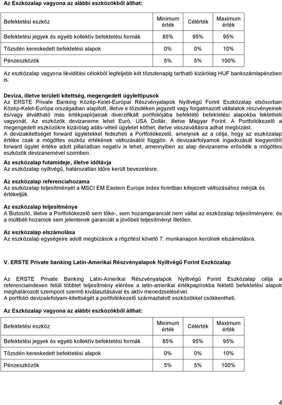 Az eszközök devizaneme lehet Euró, USA Dollár, illetve Magyar Forint. A Portfoliókezelő a megengedett eszközökre kizárólag adás-vételi ügyletet köthet, illetve visszaváltásra adhat megbízást.