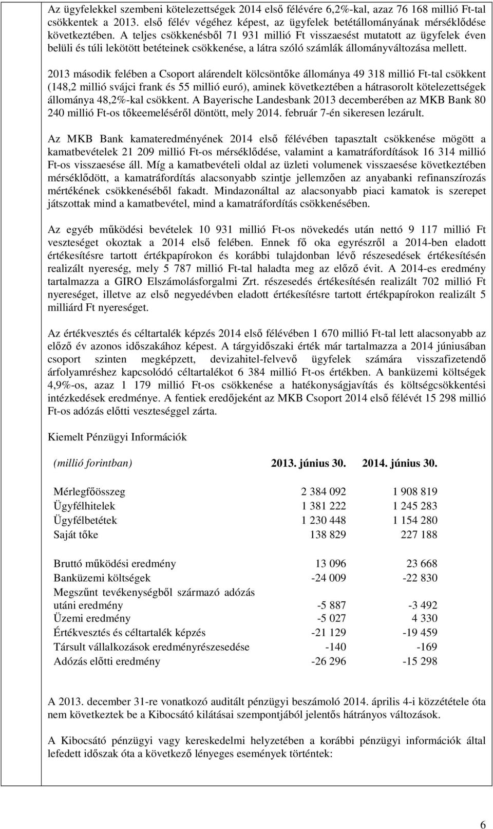 2013 második felében a Csoport alárendelt kölcsöntőke állománya 49 318 millió Ft-tal csökkent (148,2 millió svájci frank és 55 millió euró), aminek következtében a hátrasorolt kötelezettségek