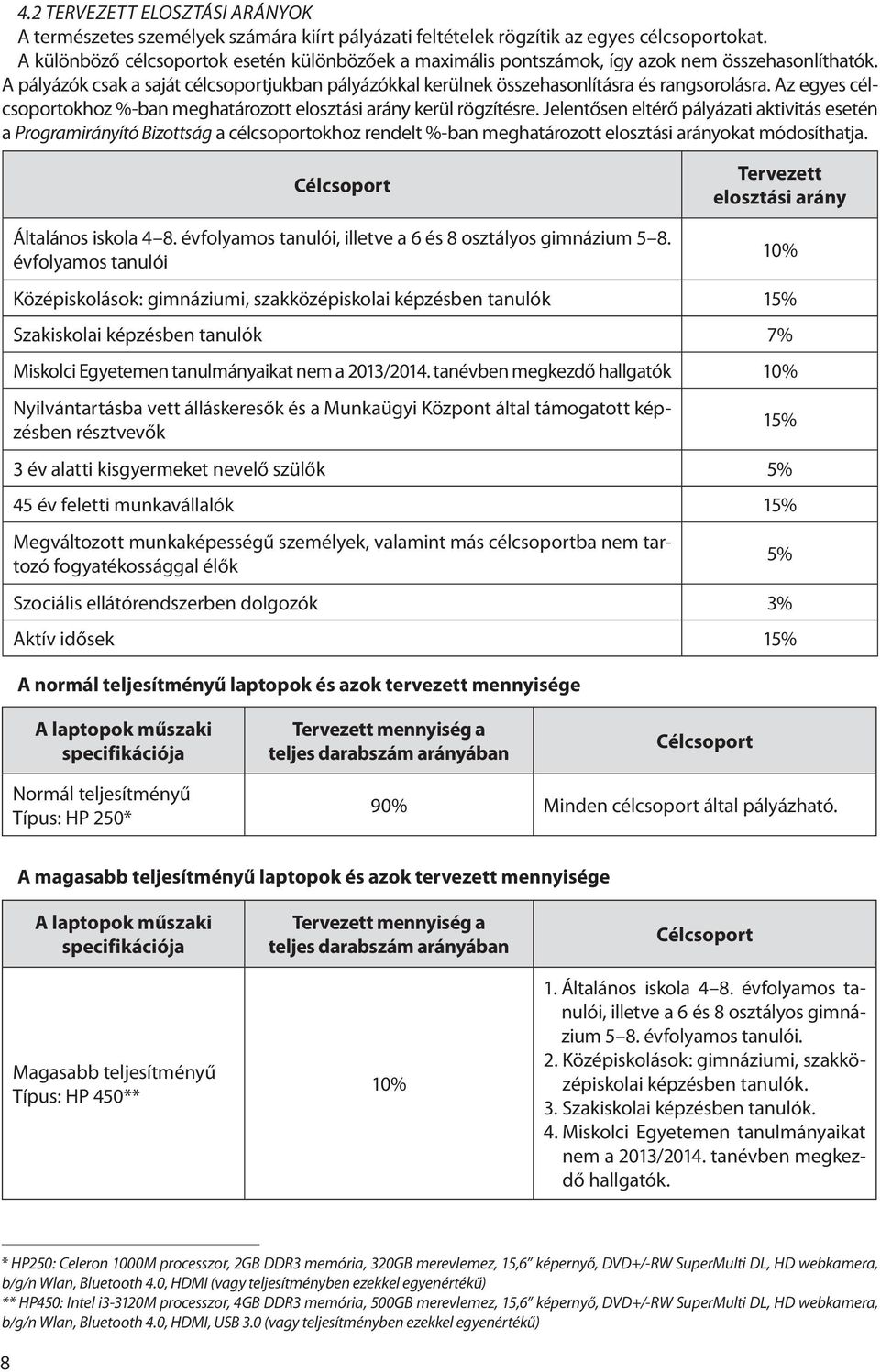 Az egyes célcsoportokhoz %-ban meghatározott elosztási arány kerül rögzítésre.