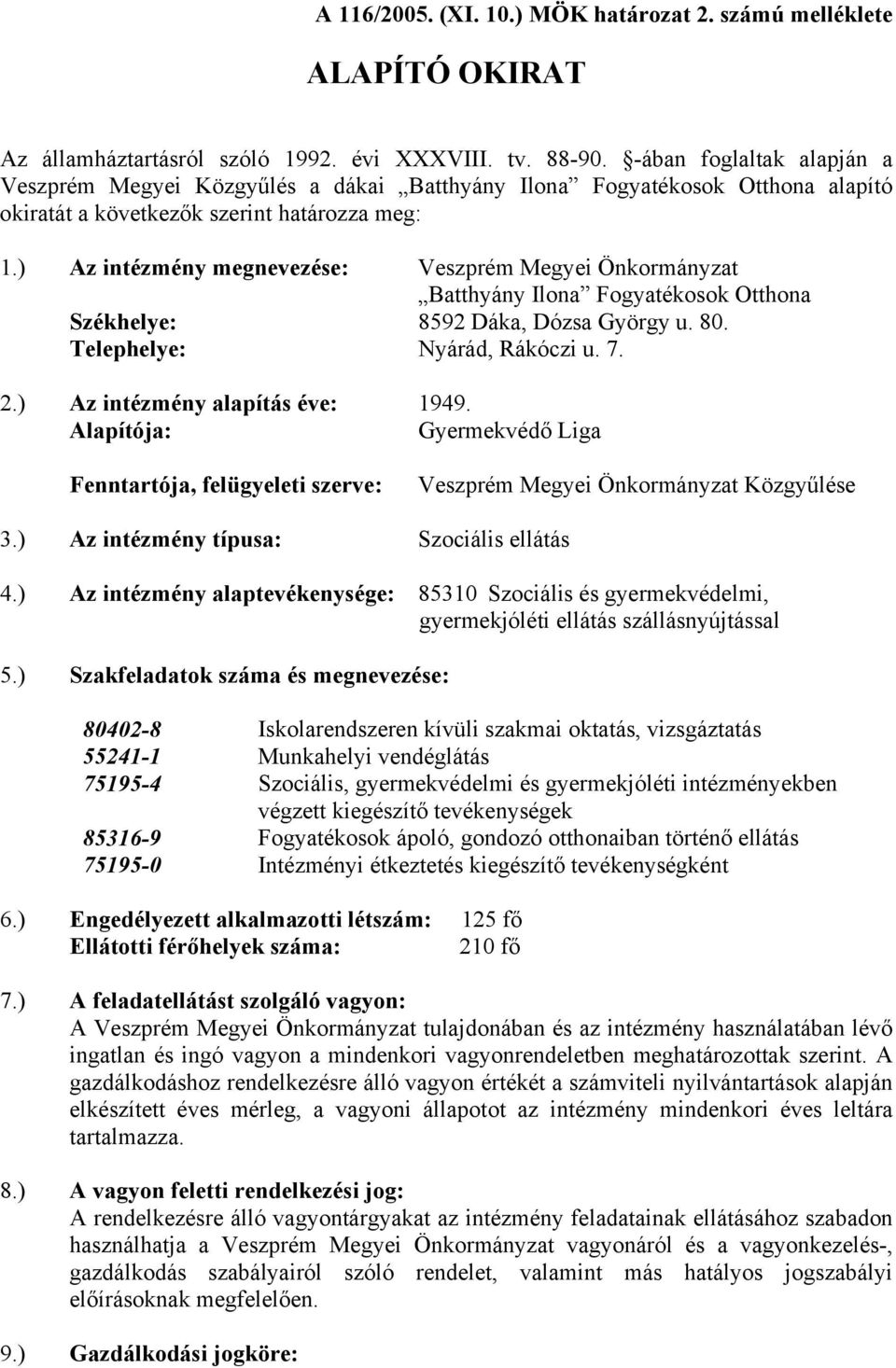 ) Az intézmény megnevezése: Veszprém Megyei Önkormányzat Batthyány Ilona Fogyatékosok Otthona Székhelye: 8592 Dáka, Dózsa György u. 80. Telephelye: Nyárád, Rákóczi u. 7. 2.