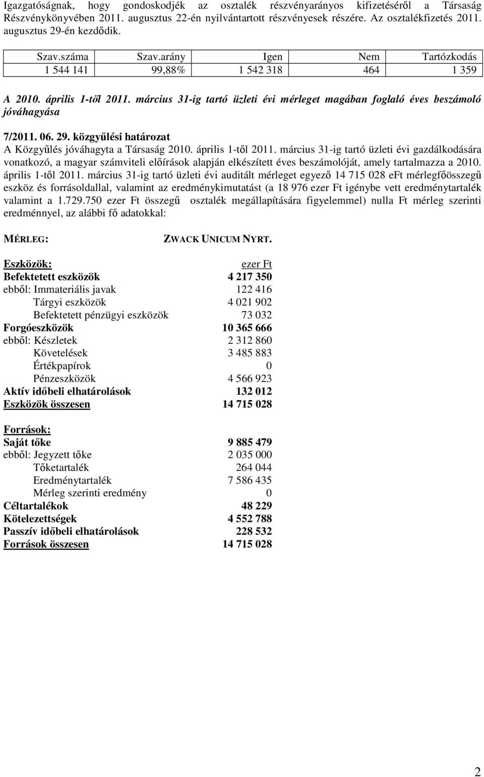 április 1-tl 2011. március 31-ig tartó üzleti évi gazdálkodására vonatkozó, a magyar számviteli elírások alapján elkészített éves beszámolóját, amely tartalmazza a 2010. április 1-tl 2011.