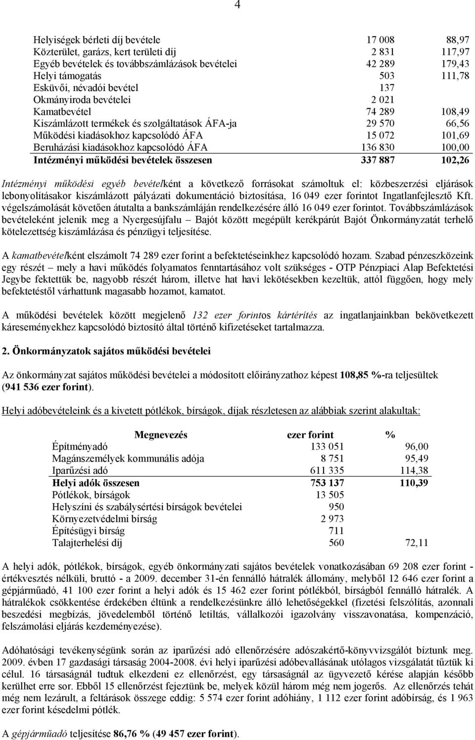 kiadásokhoz kapcsolódó ÁFA 136 830 100,00 Intézményi működési bevételek összesen 337 887 102,26 Intézményi működési egyéb bevételként a következő forrásokat számoltuk el: közbeszerzési eljárások