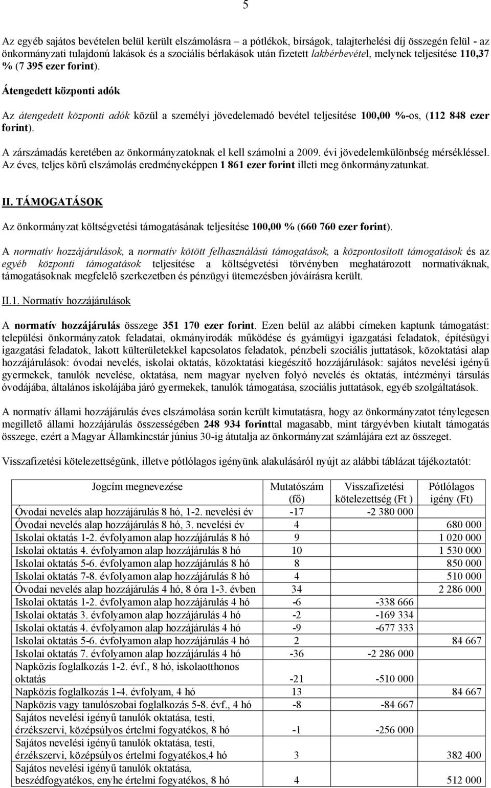 Átengedett központi adók Az átengedett központi adók közül a személyi jövedelemadó bevétel teljesítése 100,00 %-os, (112 848 ezer forint).