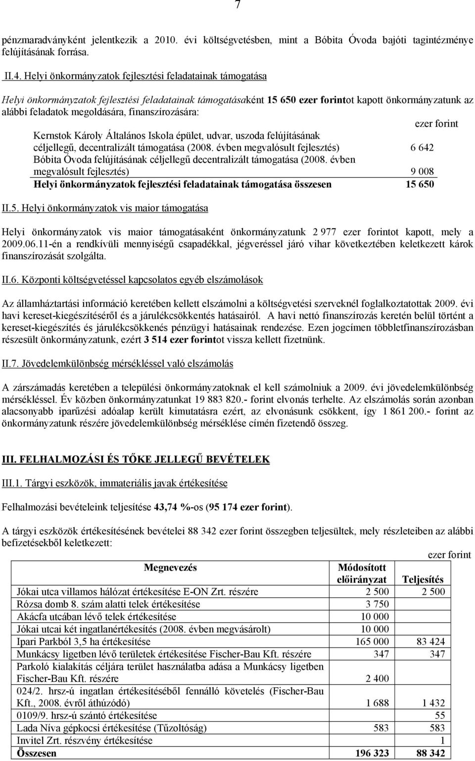 finanszírozására: ezer forint Kernstok Károly Általános Iskola épület, udvar, uszoda felújításának céljellegű, decentralizált támogatása (2008.