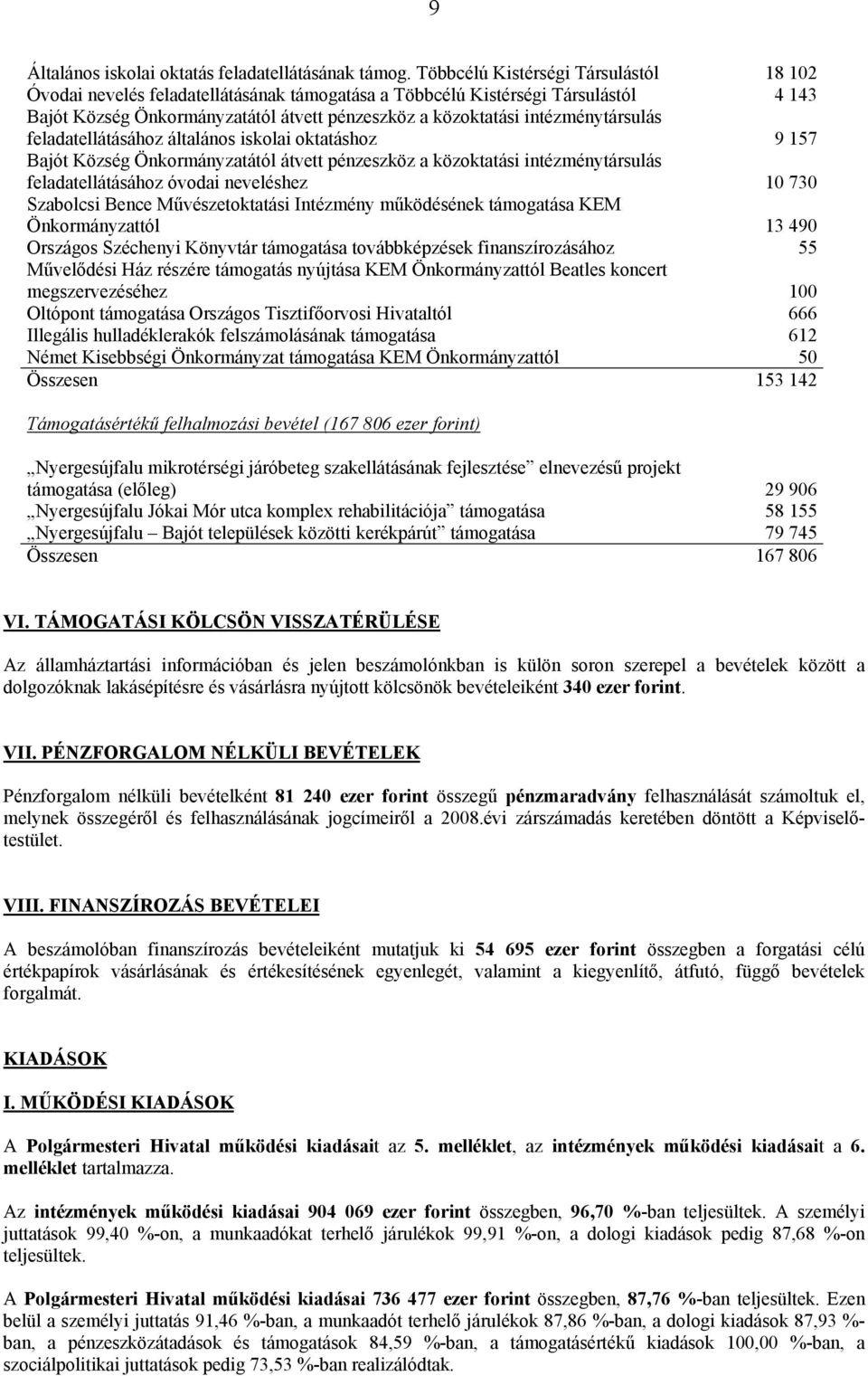 intézménytársulás feladatellátásához általános iskolai oktatáshoz 9 157 Bajót Község Önkormányzatától átvett pénzeszköz a közoktatási intézménytársulás feladatellátásához óvodai neveléshez 10 730