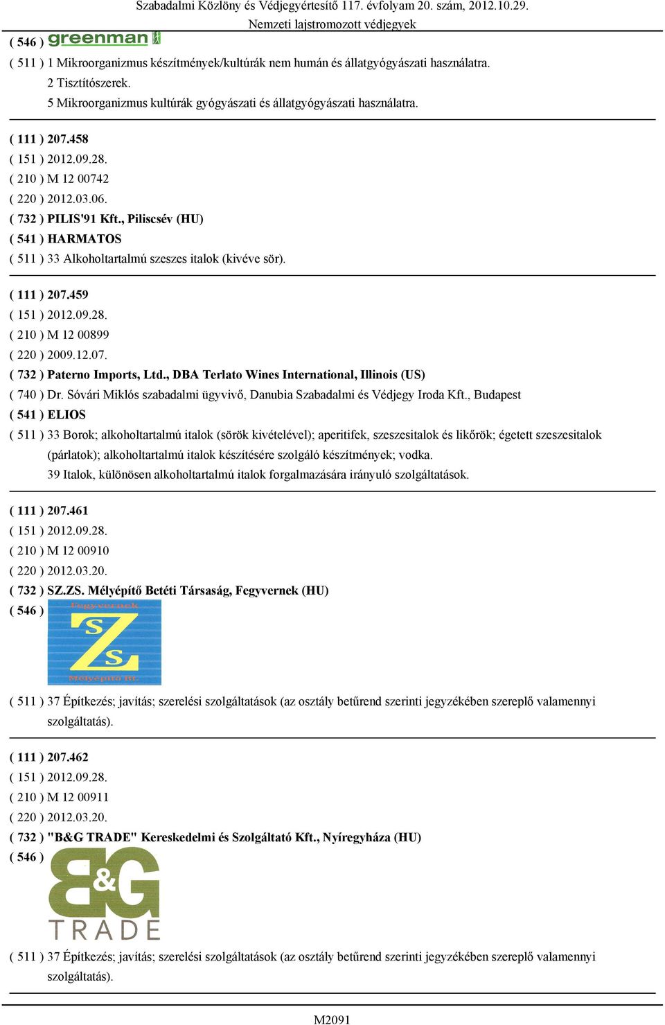 459 ( 210 ) M 12 00899 ( 220 ) 2009.12.07. ( 732 ) Paterno Imports, Ltd., DBA Terlato Wines International, Illinois (US) ( 740 ) Dr.
