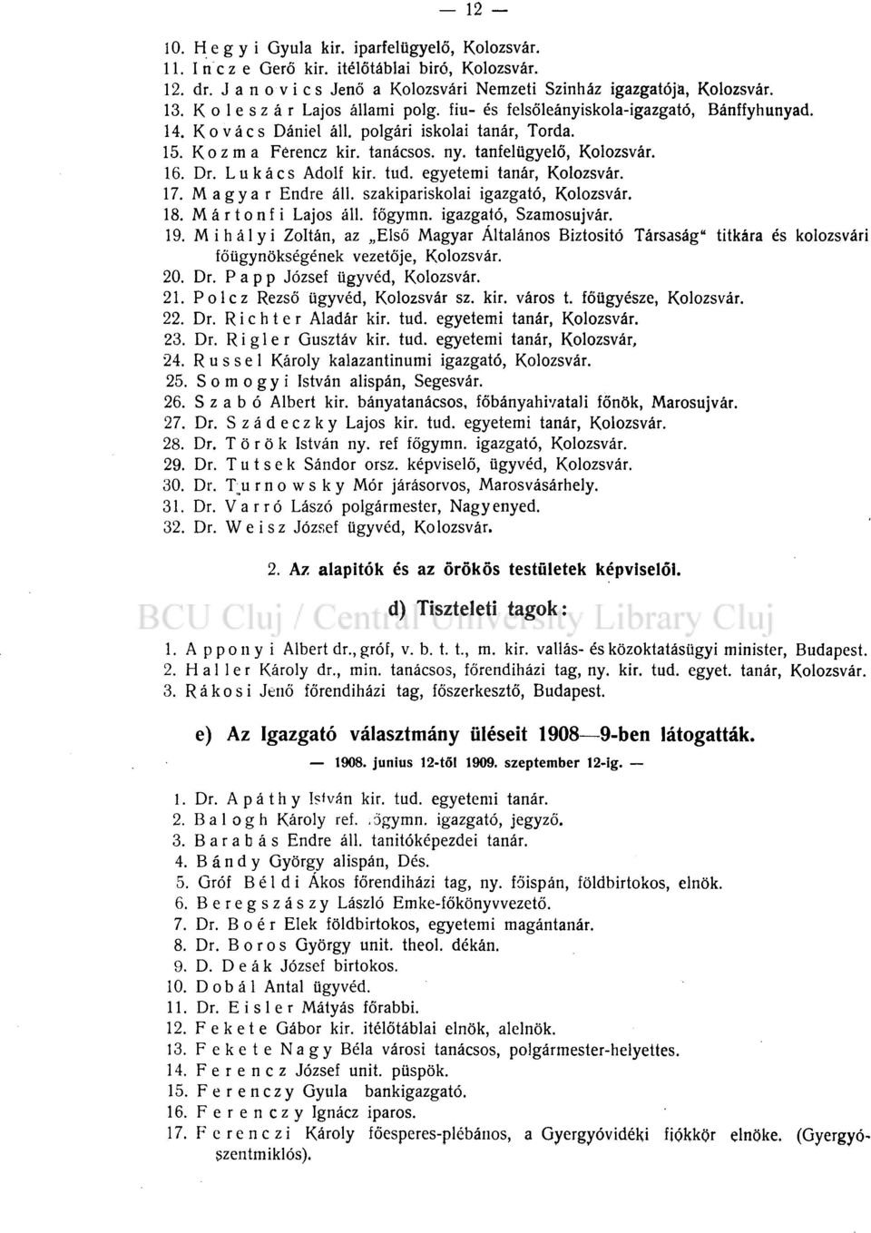 16. Dr. Lukács Adolf kir. tud. egyetemi tanár, Kolozsvár. 17. Magyar Endre áll. szakipariskolai igazgató, Kolozsvár. 18. Mártonfi Lajos áll. főgymn. igazgató, Szamosujvár. 19.