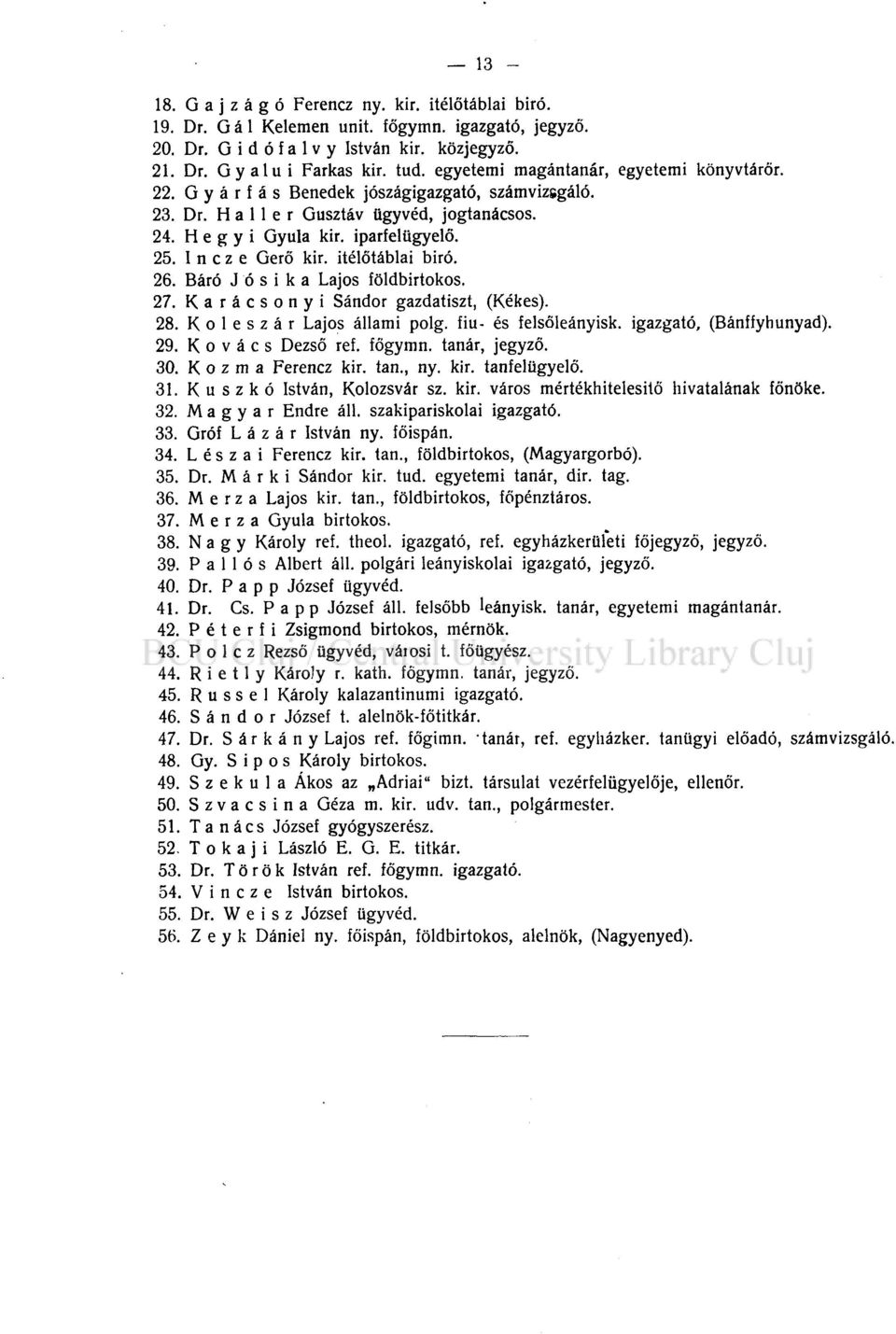 ítélőtáblai biró. 26. Báró Jósika Lajos földbirtokos. 27. Karácsonyi Sándor gazdatiszt, (Kékes). 28. K o 1 e s z á r Lajos állami polg. fiu- és felsőleányisk. igazgató, (Bánffyhunyad). 29.