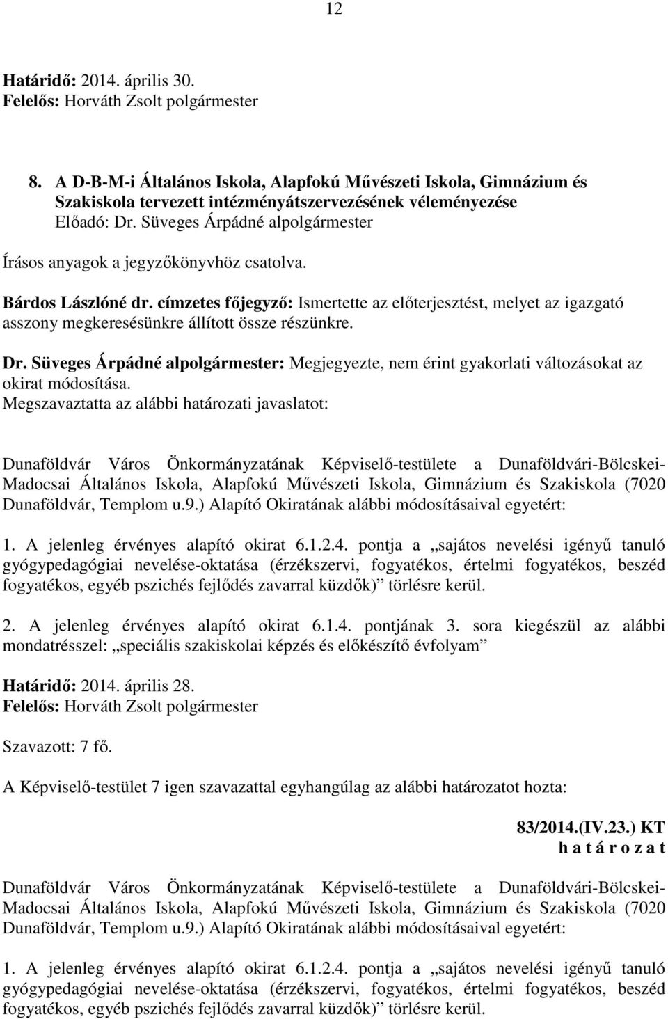 címzetes főjegyző: Ismertette az előterjesztést, melyet az igazgató asszony megkeresésünkre állított össze részünkre. Dr.